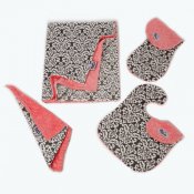 4 Piece Minky Baby Blanket Gift Set - Classic Damask Charcoal/Coral 4 Piece Minky Baby Blanket Gift Set - Classic Damask Charcoal/Coral
