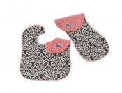 Reversible Minky Bib and Contoured Burp Cloth Set - Classic Damask Charcoal/Coral Reversible Minky Bib and Contoured Burp Cloth Set - Classic Damask Charcoal/Coral